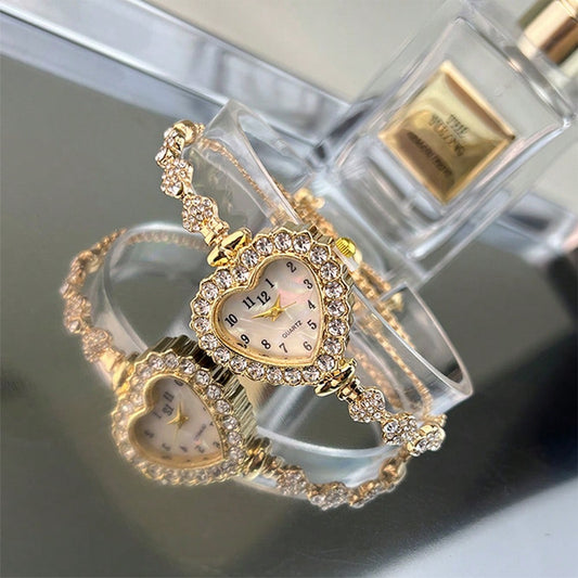 Women's Rhinestone Watch - Arabic Numerals & Heart Dial - Quartz Fashion Chain Bracelet - Elegant & Convenient Daily Wear Timepiece - Gift for Her -  Compatible