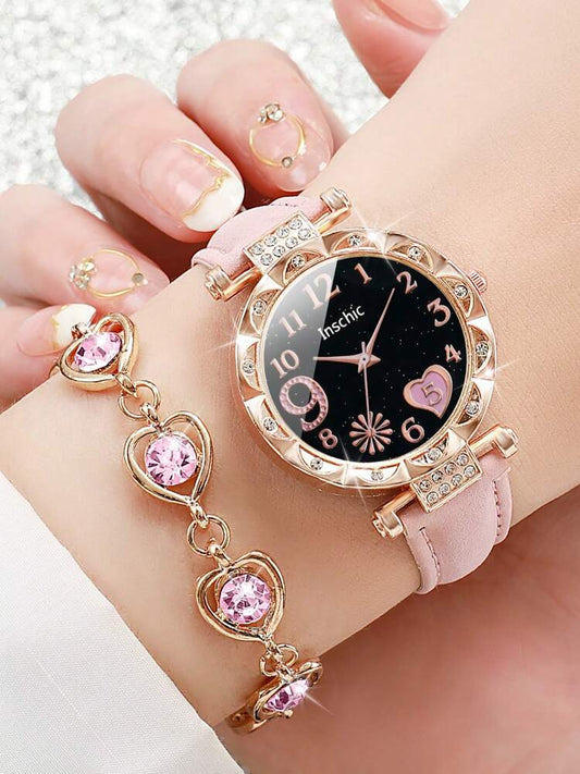 Women’s Rhinestone Heart Dial Watch Set – Elegant Pink Strap & Matching Heart Bracelet