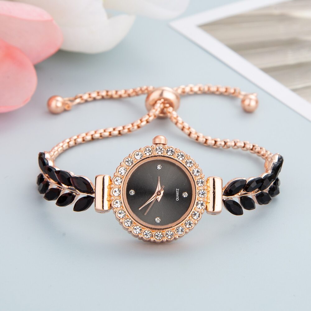 Women's Elegant Crystal Bracelet Watch – Round Dial, Leaf & Bead Strap Design