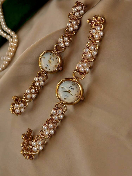 Women's Elegant Pearl Inlaid Luxury Quartz Watch – French Retro Style with Mother-of-Pearl Dial