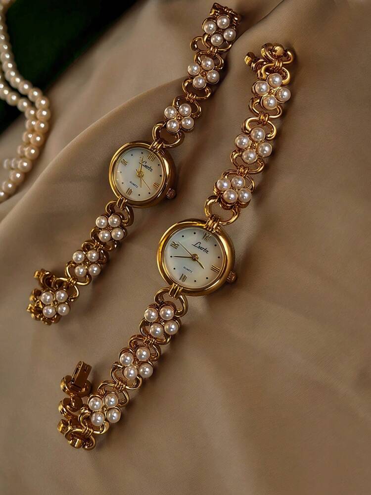 Women's Elegant Pearl Inlaid Luxury Quartz Watch – French Retro Style with Mother-of-Pearl Dial