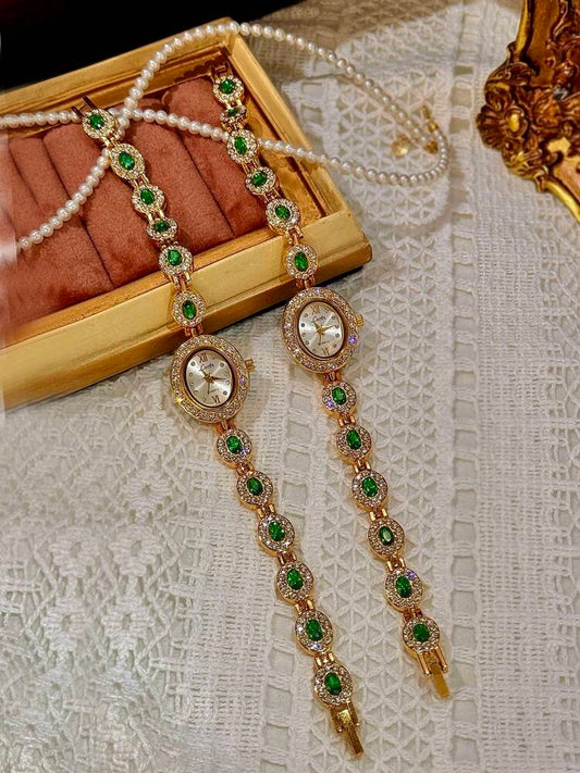 1pc New High-End Colorful Aquamarine Gemstone & Cubic Zirconia Inlaid Luxury Vintage Elegant Women’s Watch