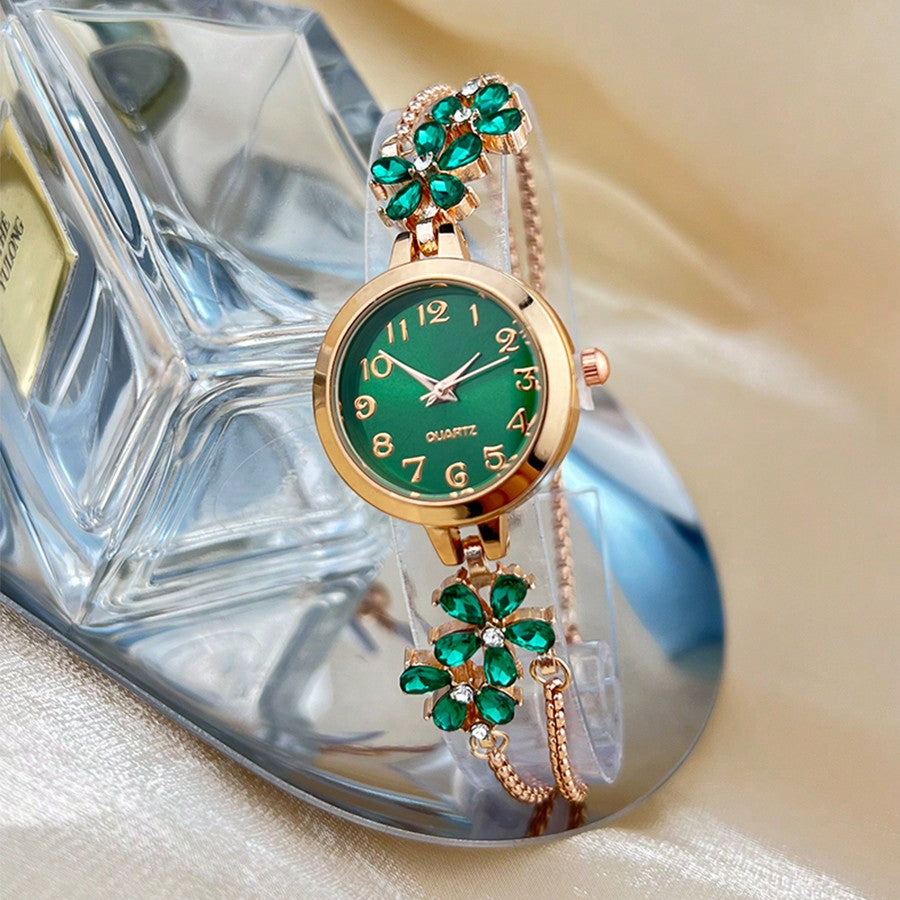 Women's Elegant Quartz Watch – Floral Crystal Bracelet with Green Dial & Gold Accents