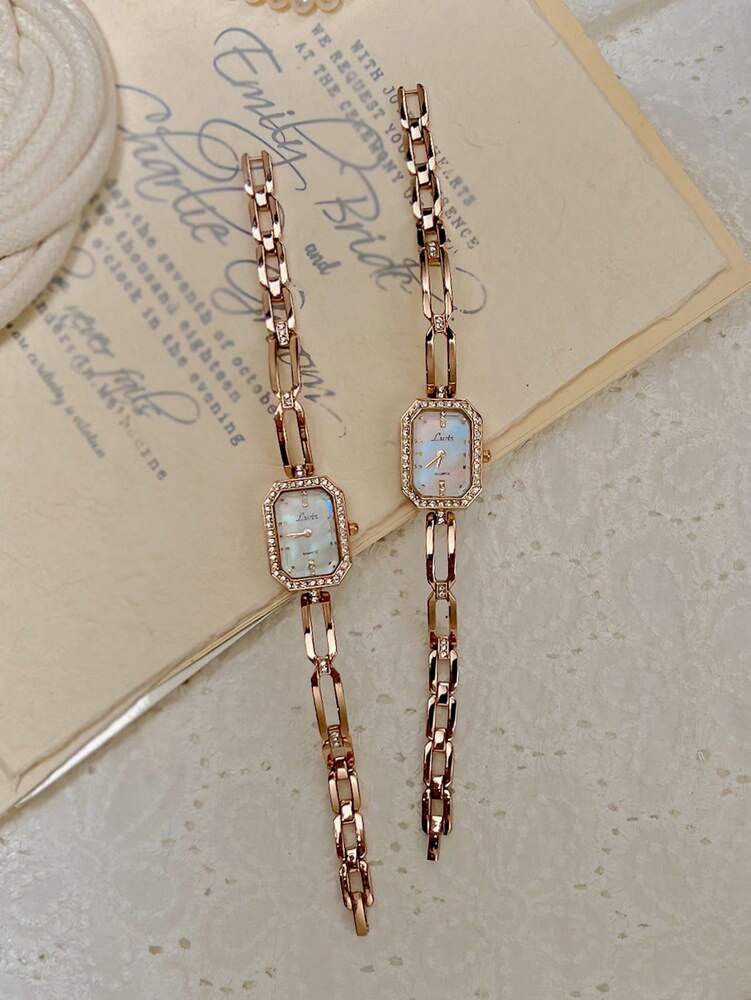 1pc Luxury Women Watch, Gold Tone, French Fashion Design Elegant, Petite, Rhinestone Embellished, Pearl Dial