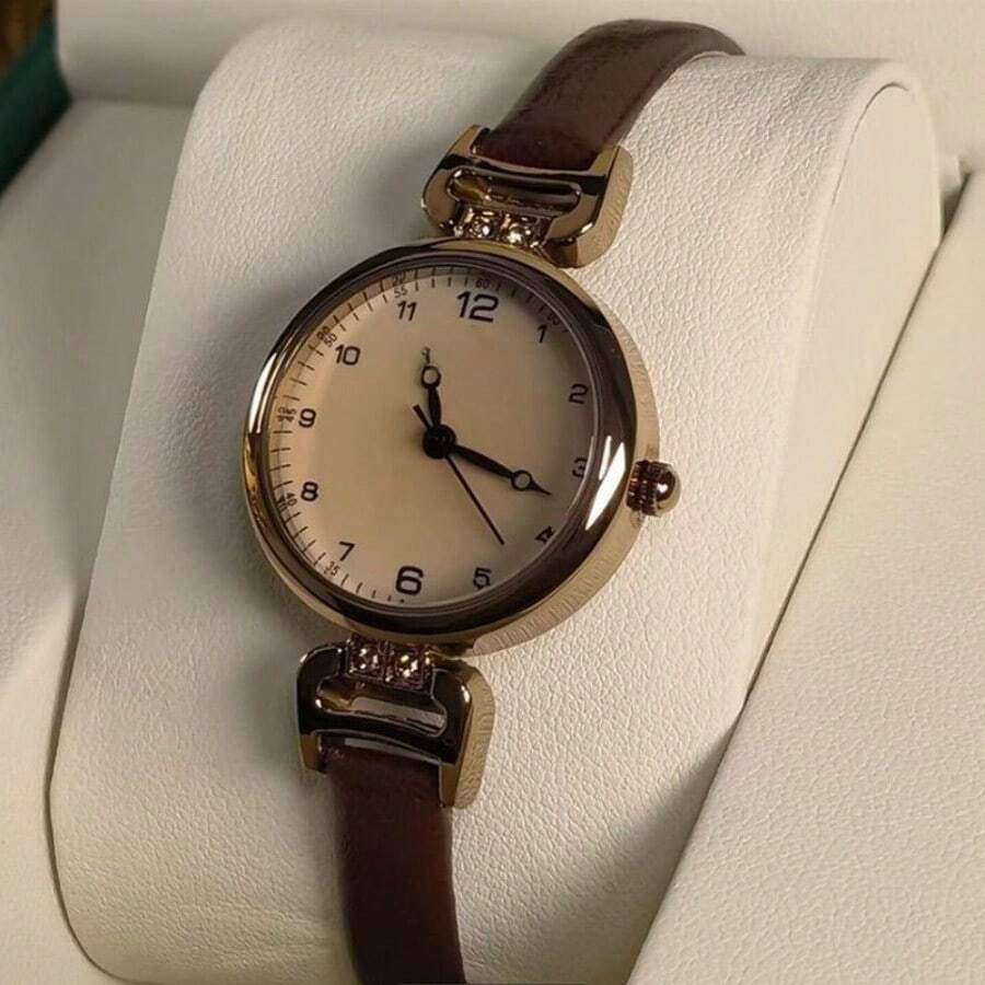 Women's Vintage Style Quartz Watch – Brown PU Leather Strap & Round Dial