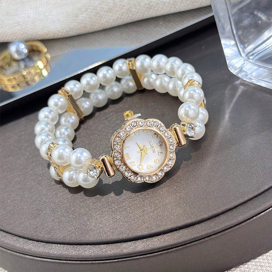 Women's Double Strand Pearl Bracelet Watch – Crystal-Embellished Dial, Elegant Elastic Fit