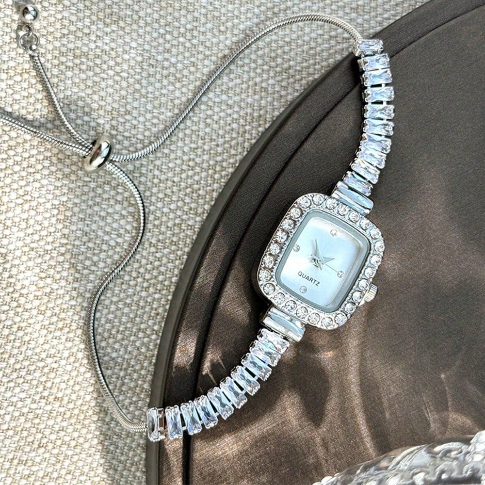 Bracelet Watch Women Adjustable Silver Tone Cubic Zirconia Rhinestone Alloy Case Elegant Quartz Minimalist Dial Gift for Daily Wear & Special Occasions 180+ Characters