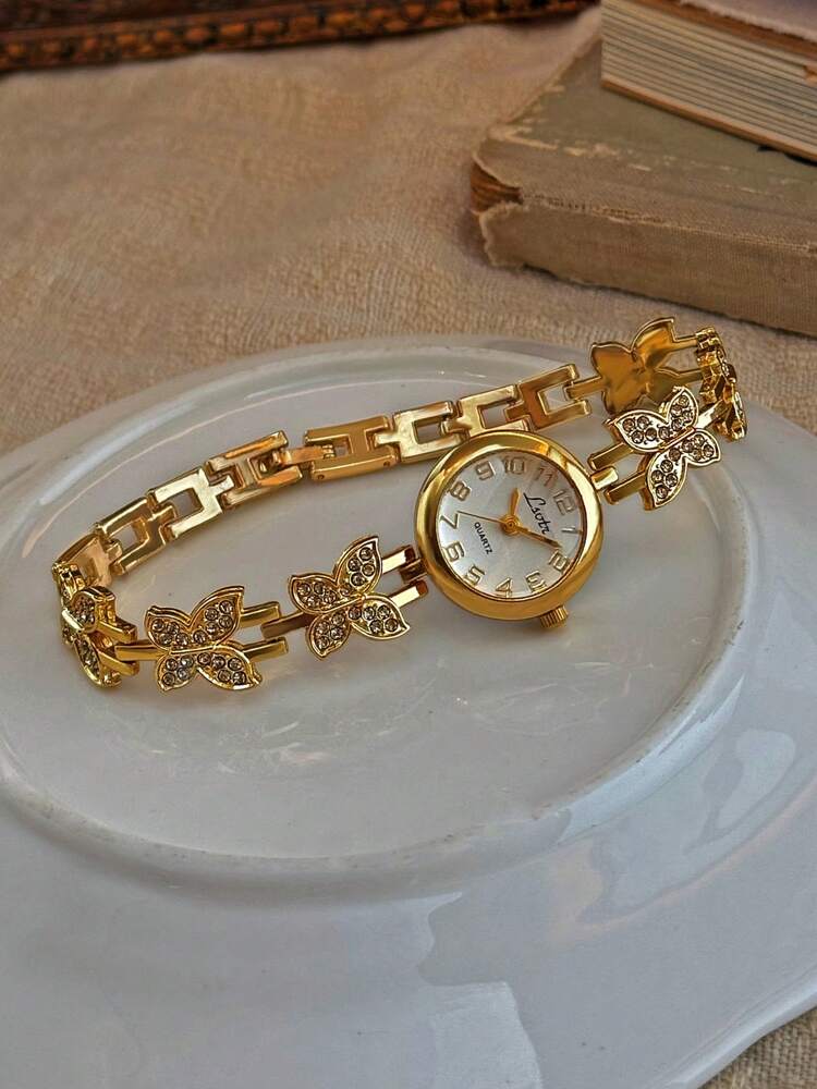 1 Piece French Gold Inlaid Dazzling Rhinestone Butterfly Shape Women's Watch