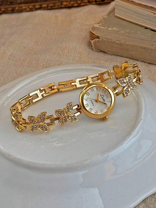 1 Piece French Gold Inlaid Dazzling Rhinestone Butterfly Shape Women's Watch