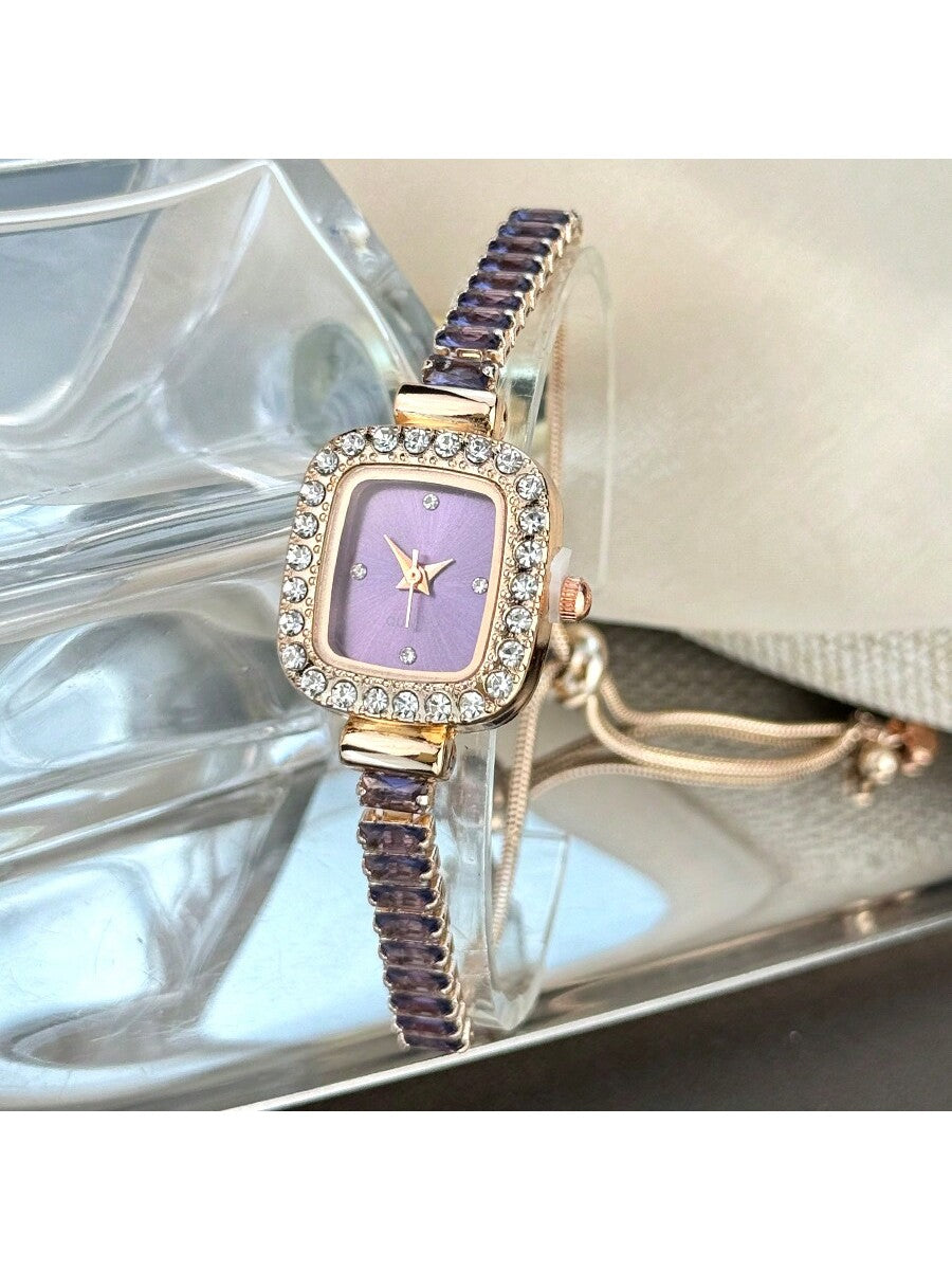 1pc Women's Black Cubic Zirconia Embellished Adjustable Bracelet Watch