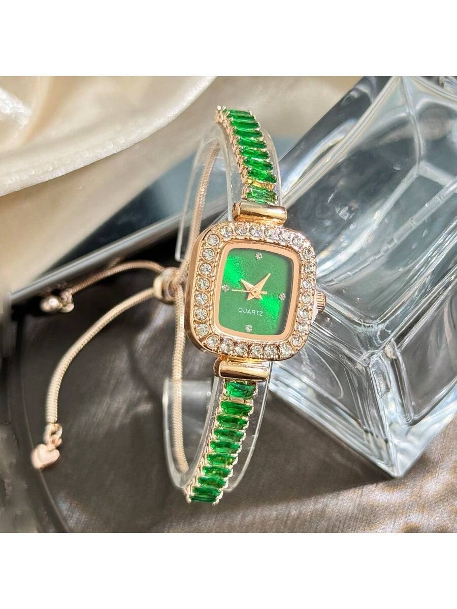 1pc Women's Black Cubic Zirconia Embellished Adjustable Bracelet Watch