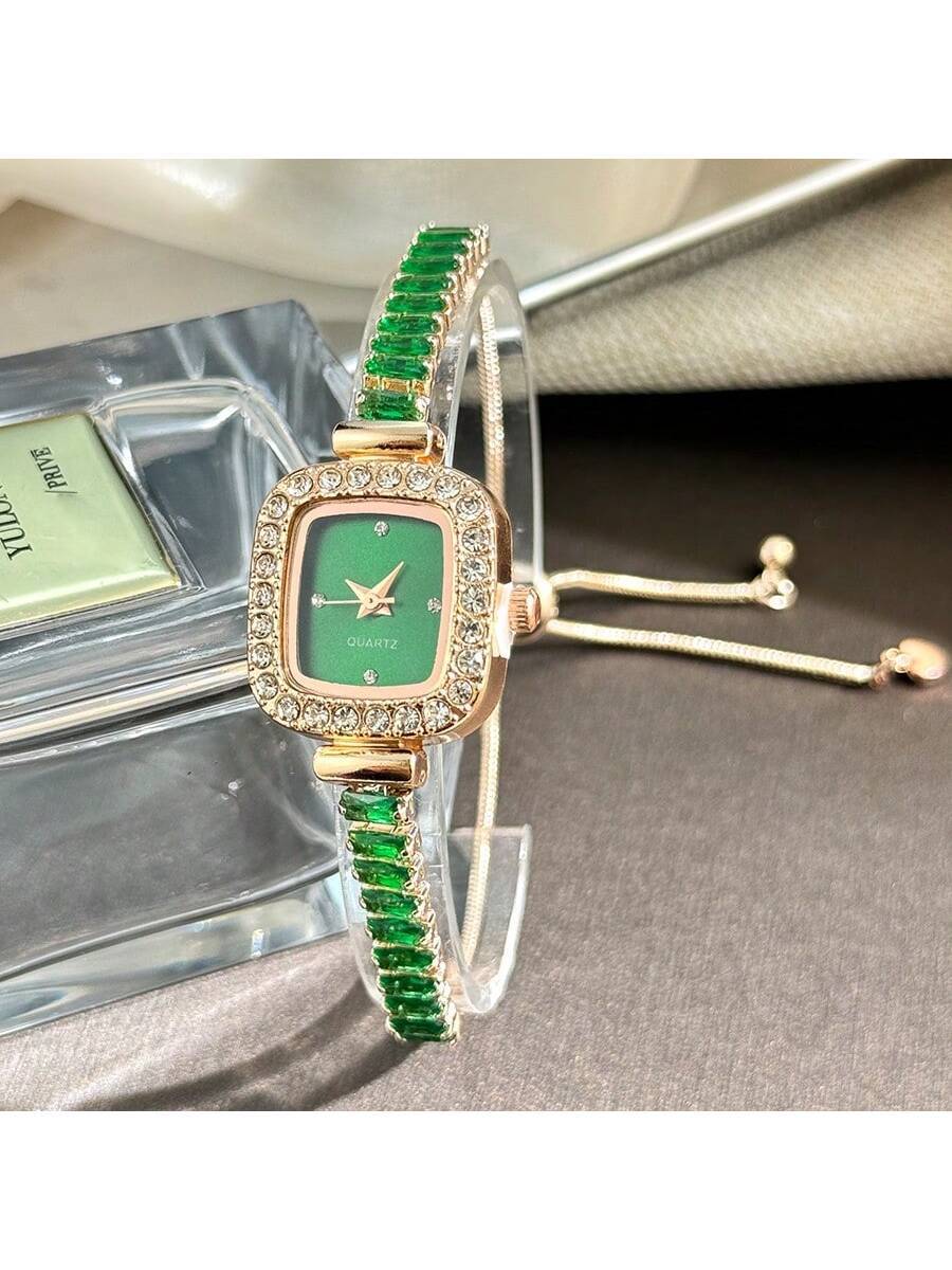 1pc Women's Black Cubic Zirconia Embellished Adjustable Bracelet Watch