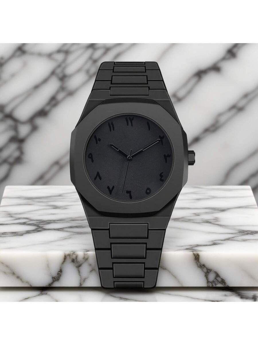 1 Piece Men's And Women's Black Rubber Strap Sporty, Casual, Creative Design, Adjustable Strap, Studded Round Dial Watch
