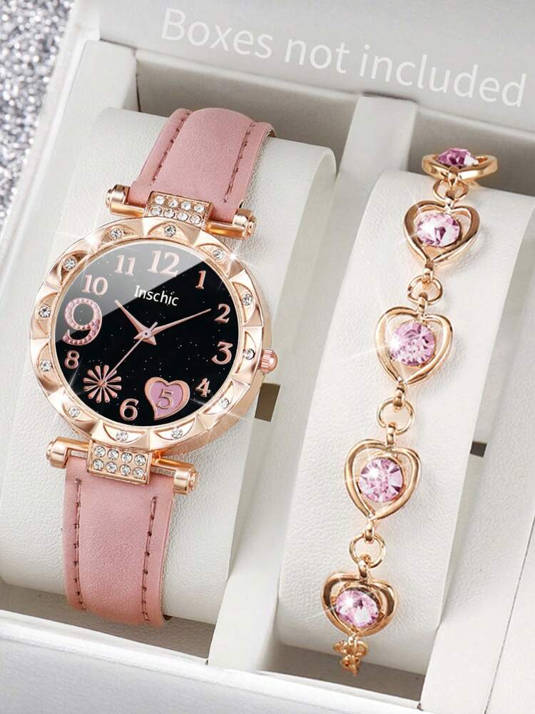 Women’s Rhinestone Heart Dial Watch Set – Elegant Pink Strap & Matching Heart Bracelet