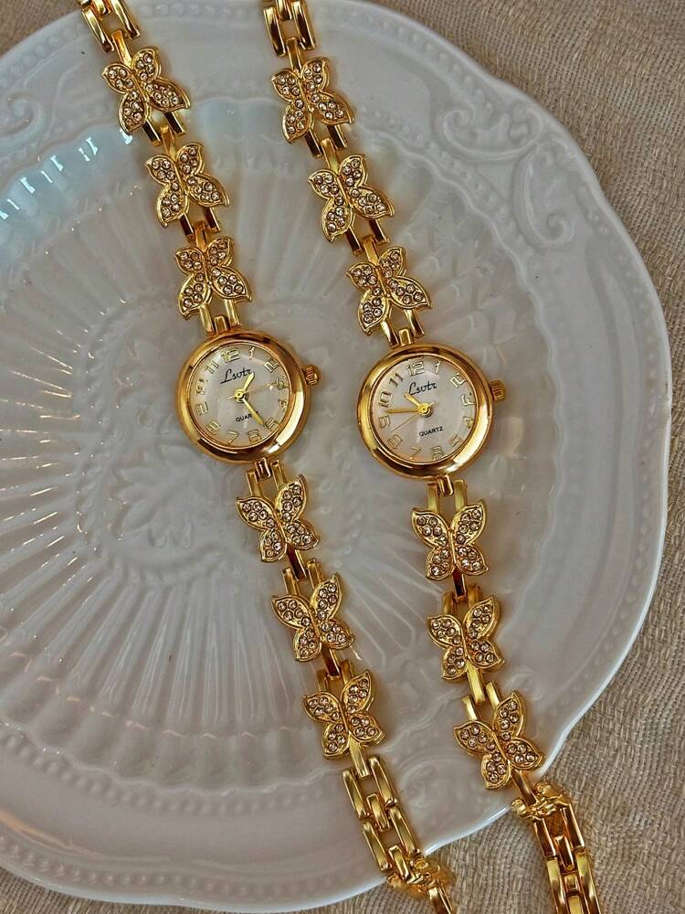 1 Piece French Gold Inlaid Dazzling Rhinestone Butterfly Shape Women's Watch