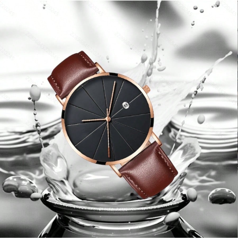 Men's Minimalist Waterproof Quartz Watch – Brown Leather Strap, Date Display, Modern Dial Design