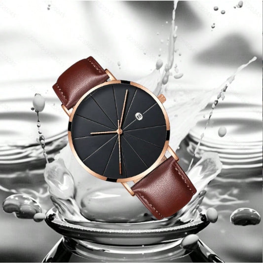 Men's Minimalist Waterproof Quartz Watch – Brown Leather Strap, Date Display, Modern Dial Design