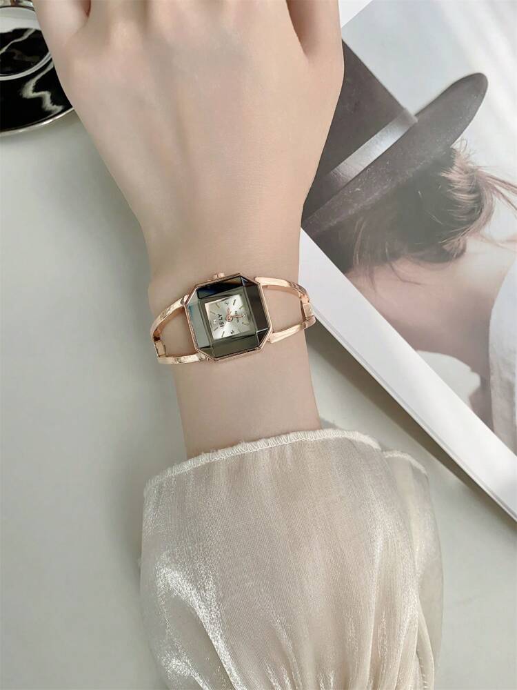 1pc Rose Gold Crystal Glass Dial Ladies Fashion Elegant Bracelet Watch Suitable for Daily Decoration