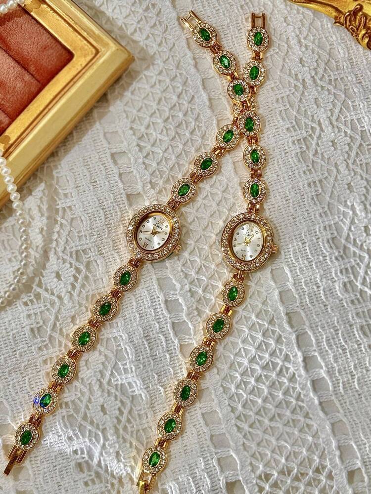 1pc New High-End Colorful Aquamarine Gemstone & Cubic Zirconia Inlaid Luxury Vintage Elegant Women’s Watch