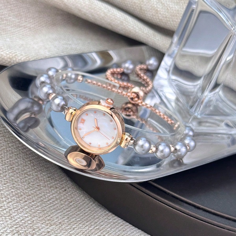 1pc Women Pearl Pull-Out Watch Chain, Exquisite Round Case, Fashion Metal Bracelet Watch, Suitable for Students