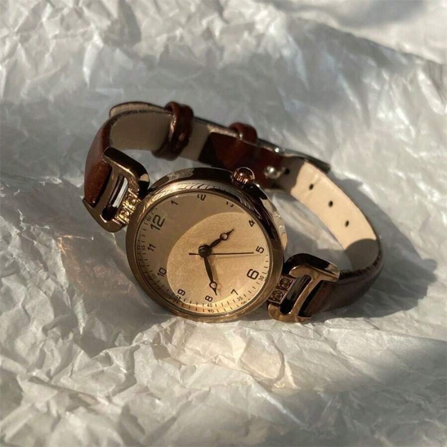 Women's Vintage Style Quartz Watch – Brown PU Leather Strap & Round Dial
