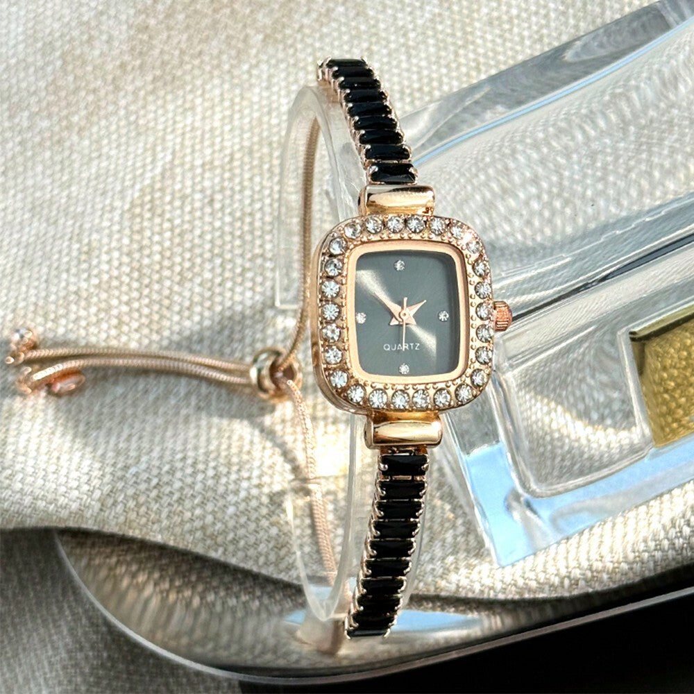 1pc Women's Black Cubic Zirconia Embellished Adjustable Bracelet Watch