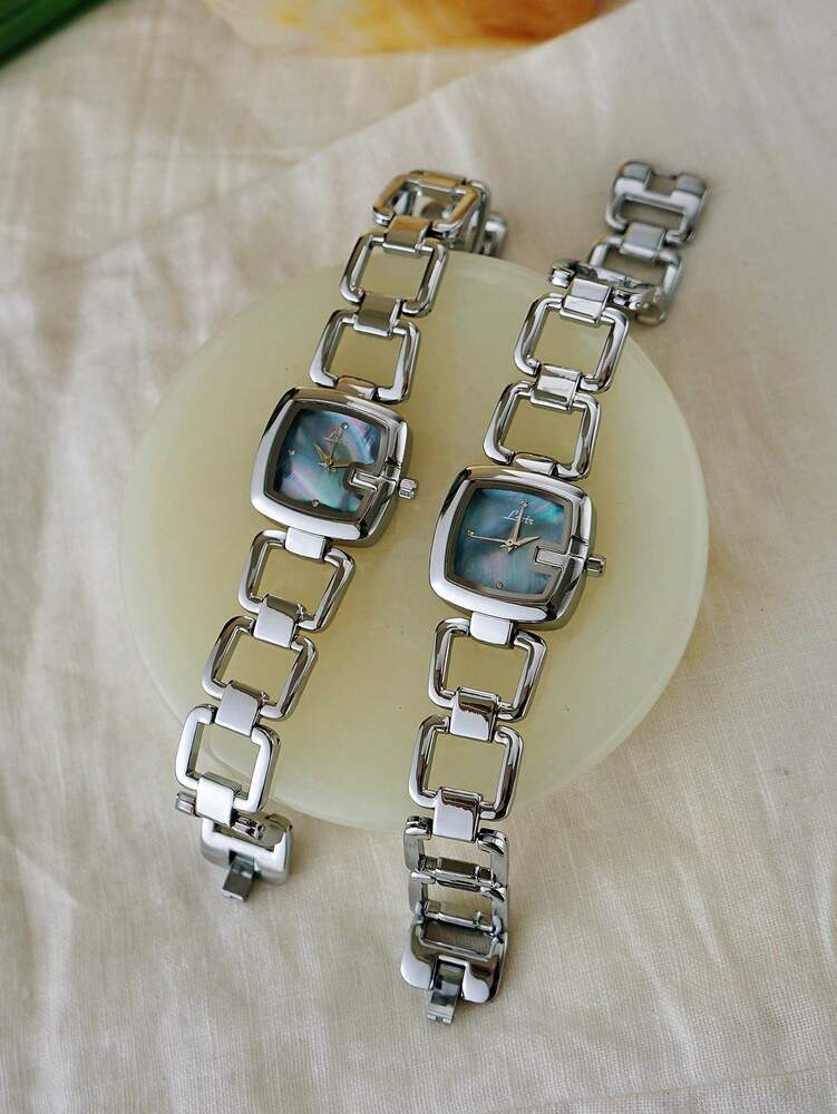 1pc Elegant & Women's Quartz Watch Silver-Tone Stainless Steel Strap, Rhinestone Decor, Mother-of-Pearl Dial