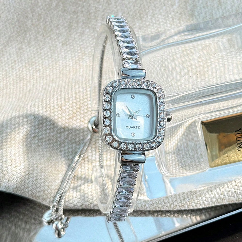 Bracelet Watch Women Adjustable Silver Tone Cubic Zirconia Rhinestone Alloy Case Elegant Quartz Minimalist Dial Gift for Daily Wear & Special Occasions 180+ Characters
