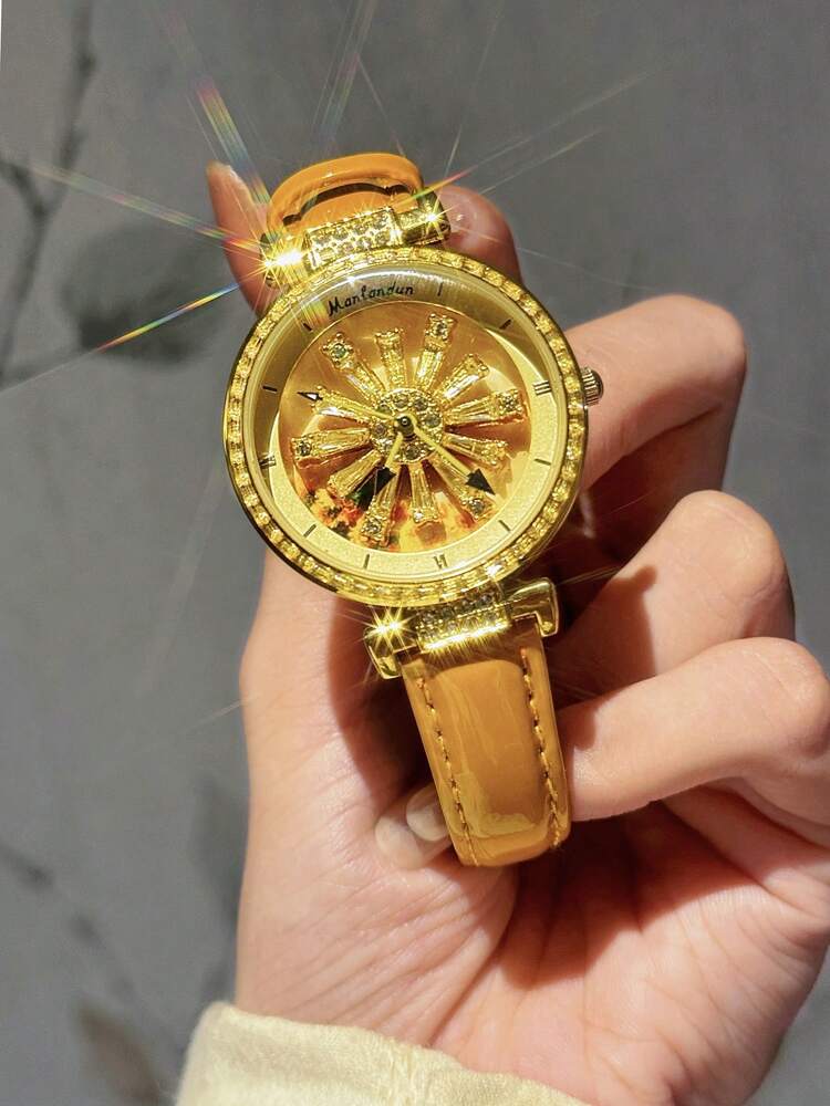 1pc Fashionable Women's Watch With Transparent Back, Rhinestone Inlaid, Rotating Galaxy Dial, Sunflower Design