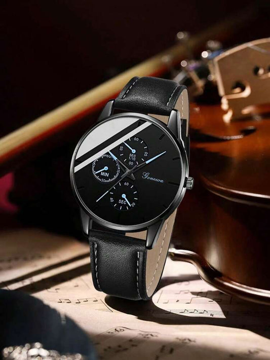 2Pcs Men's Black PU Leather Strap Fashionable Casual Classic Retro Three Eye Dial Quartz Watch Bracelet Set