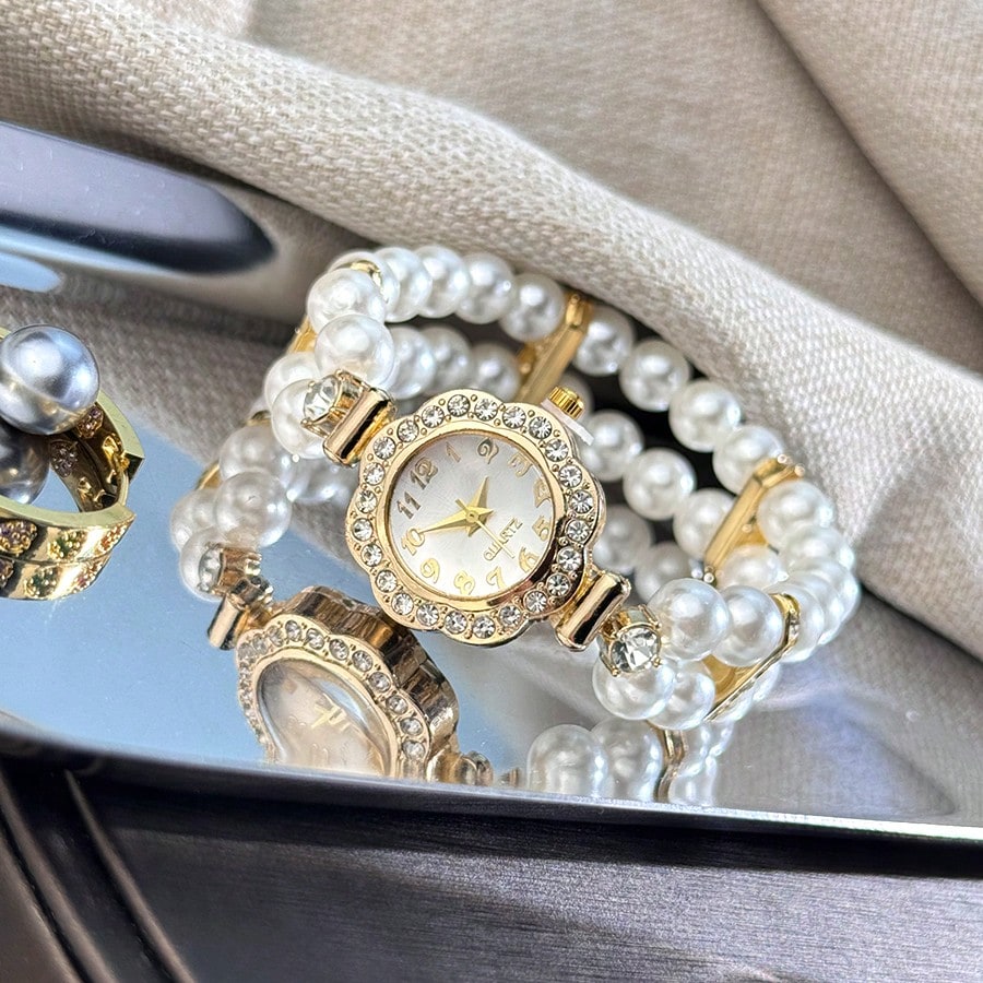 Women's Double Strand Pearl Bracelet Watch – Crystal-Embellished Dial, Elegant Elastic Fit