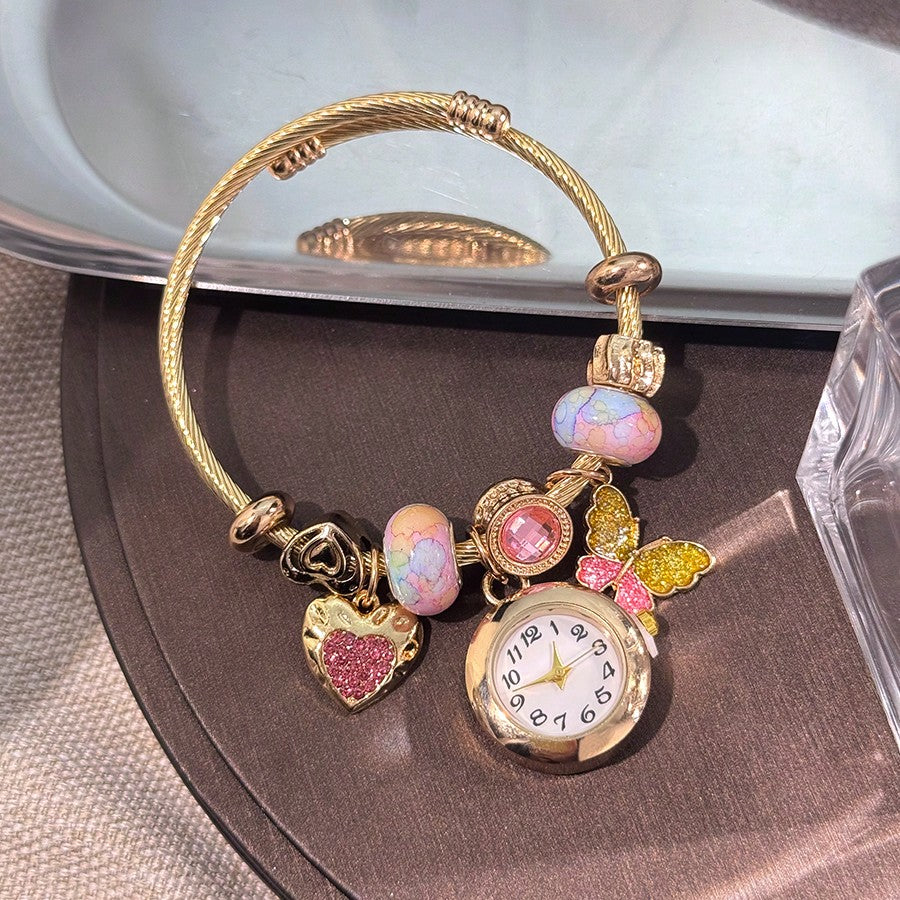 Women's Fashionable Stretch Bracelet Watch with Pink Heart, Floral, Rhinestone & Colorful Beads