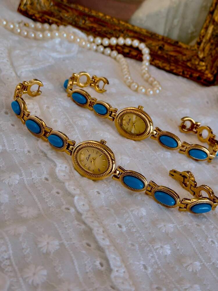 Ladies’ Vintage Turquoise Quartz Watch – Gold Oval Bracelet Design (30M Waterproof)