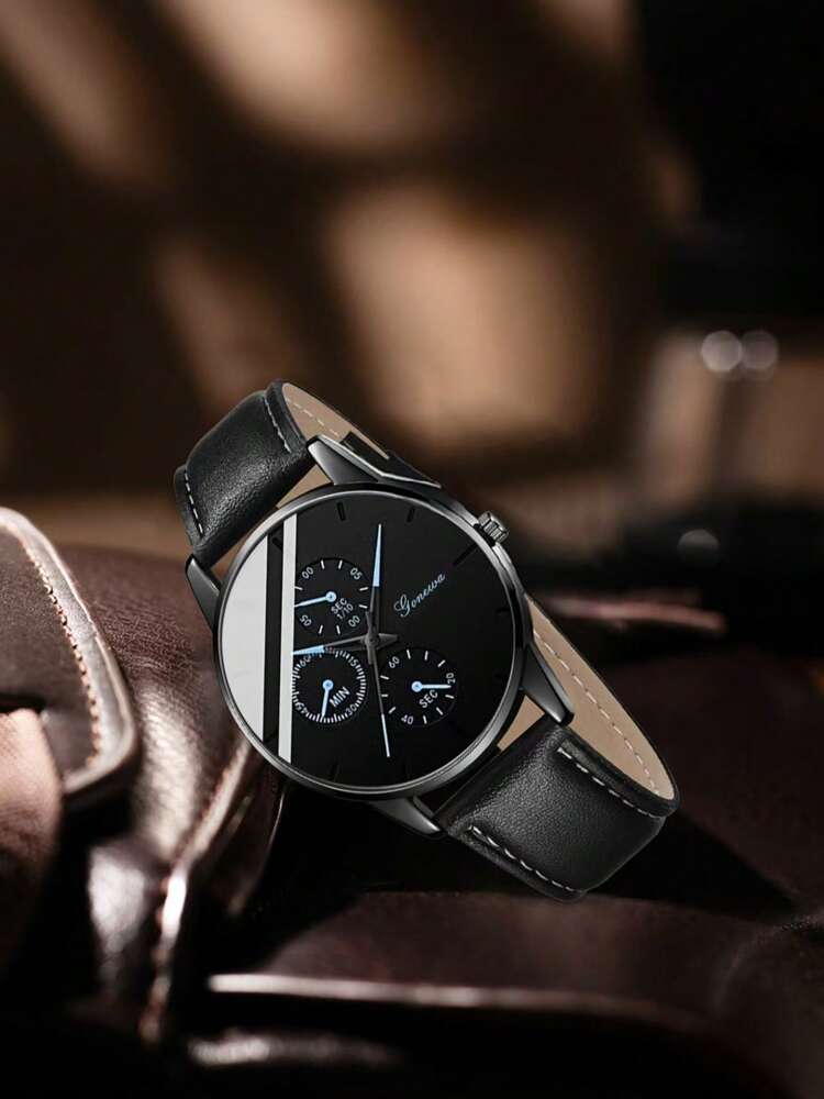 2Pcs Men's Black PU Leather Strap Fashionable Casual Classic Retro Three Eye Dial Quartz Watch Bracelet Set