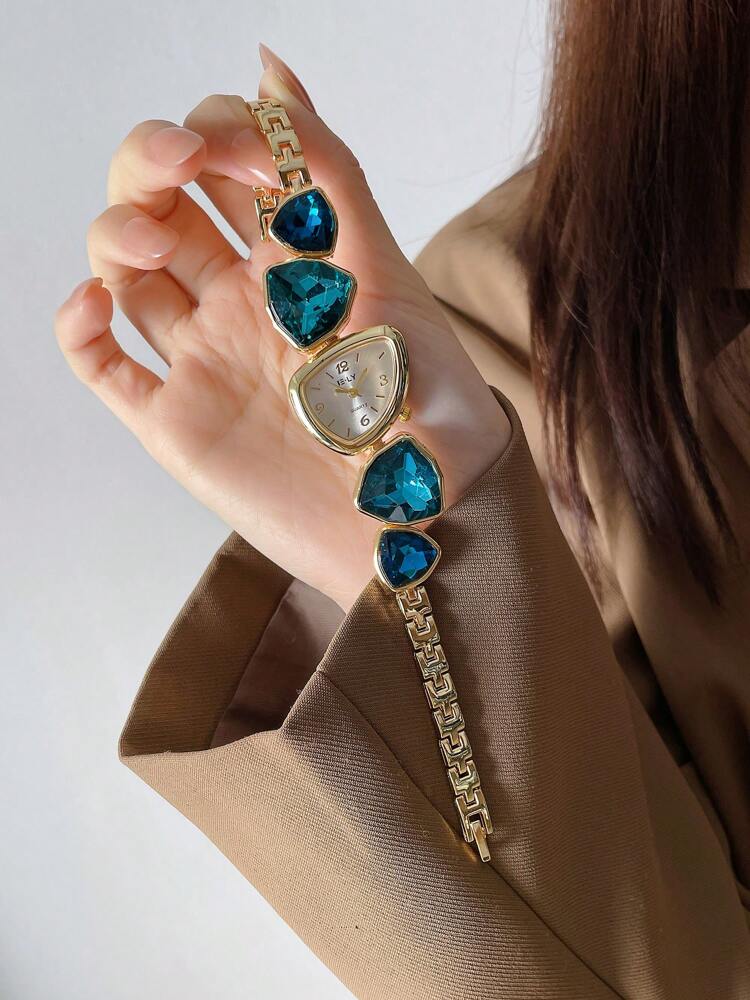 1pc New Casual Fashion Ladies' Bracelet Watch Unique Design Dial Decorated With Crystals, Rhinestone Embellished Watchband