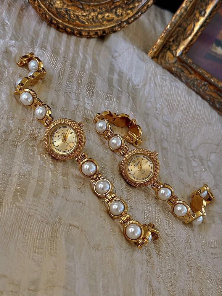 1pc Gold French Fashion Elegant Women Water-Resistant 30m Quartz Watch, With Pearl Strap, Bohemian Vintage Court Style Circular Quartz Wristwatch