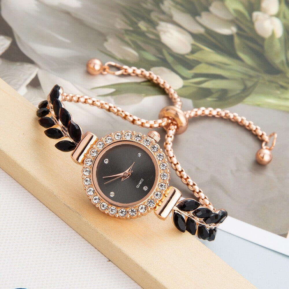 Women's Elegant Crystal Bracelet Watch – Round Dial, Leaf & Bead Strap Design