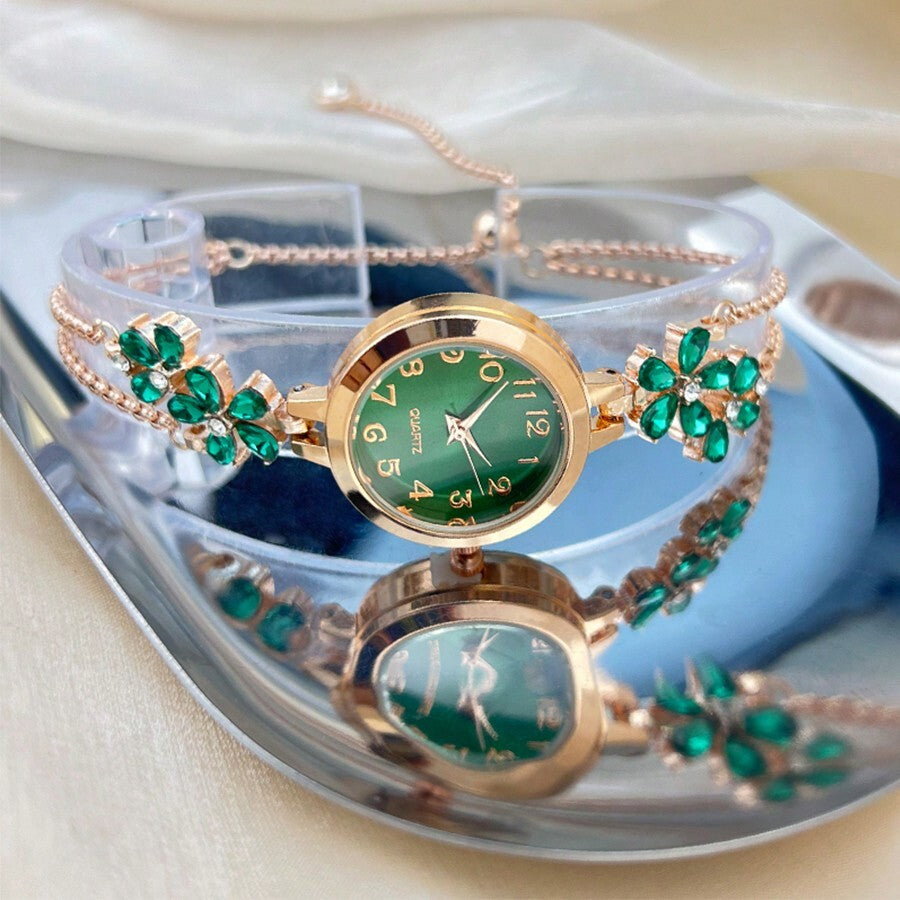 Women's Elegant Quartz Watch – Floral Crystal Bracelet with Green Dial & Gold Accents