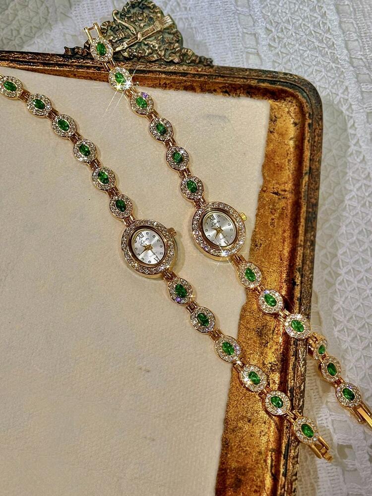 1pc New High-End Colorful Aquamarine Gemstone & Cubic Zirconia Inlaid Luxury Vintage Elegant Women’s Watch