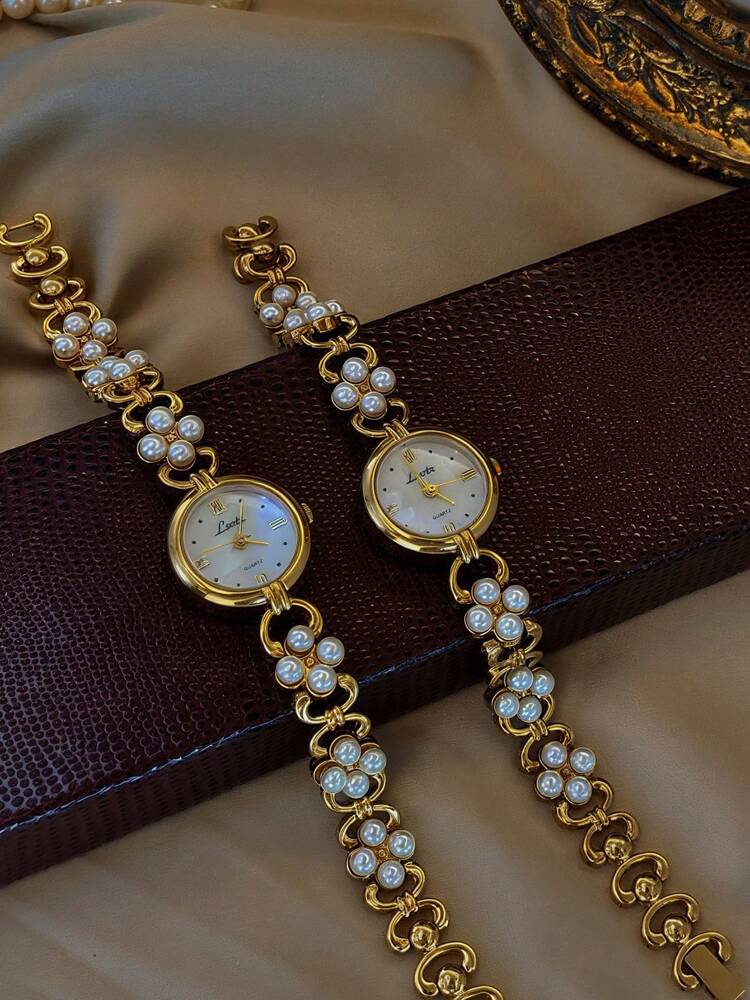 Women's Elegant Pearl Inlaid Luxury Quartz Watch – French Retro Style with Mother-of-Pearl Dial