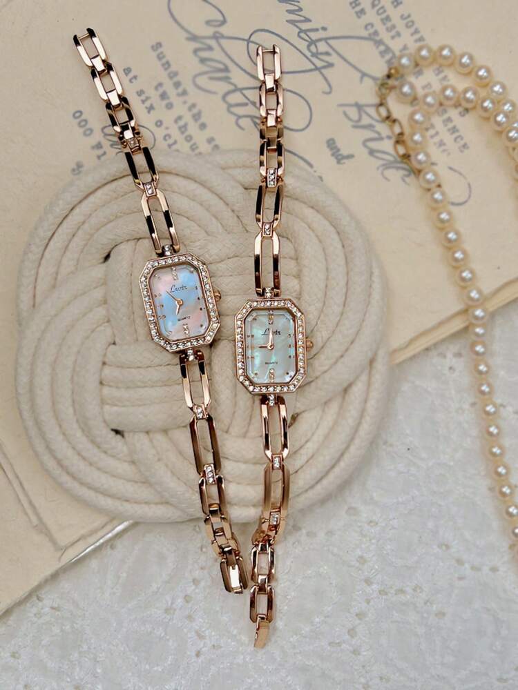 1pc Luxury Women Watch, Gold Tone, French Fashion Design Elegant, Petite, Rhinestone Embellished, Pearl Dial