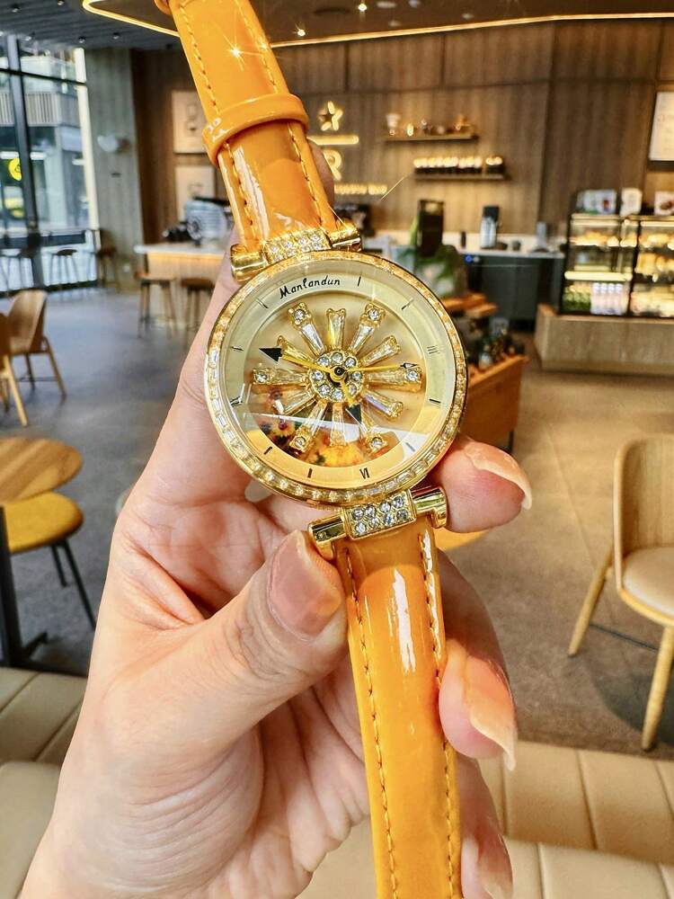 1pc Fashionable Women's Watch With Transparent Back, Rhinestone Inlaid, Rotating Galaxy Dial, Sunflower Design