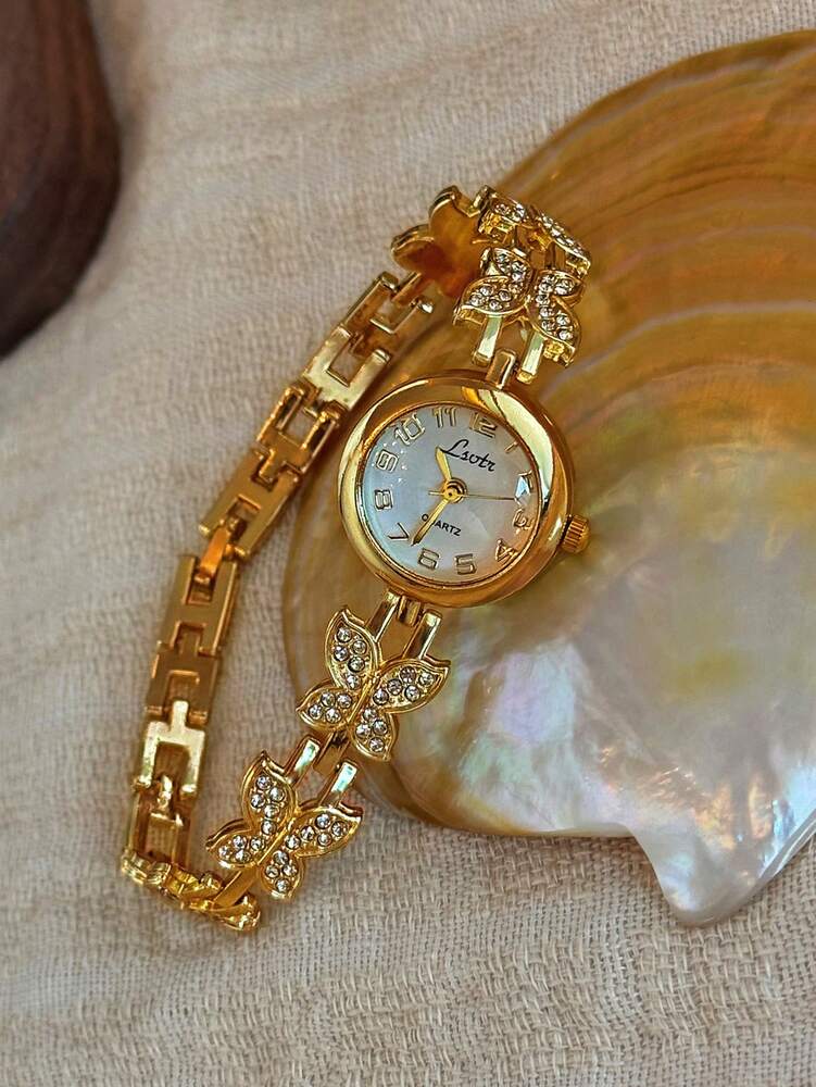 1 Piece French Gold Inlaid Dazzling Rhinestone Butterfly Shape Women's Watch
