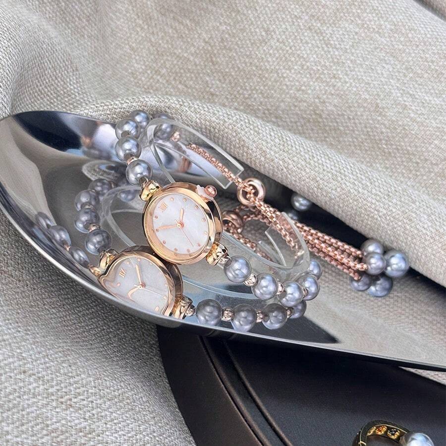 1pc Women Pearl Pull-Out Watch Chain, Exquisite Round Case, Fashion Metal Bracelet Watch, Suitable for Students