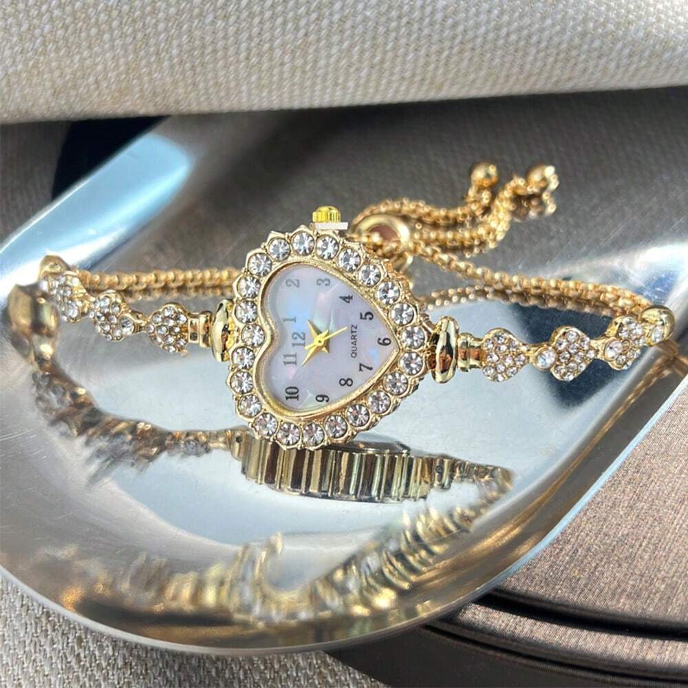 Women's Rhinestone Watch - Arabic Numerals & Heart Dial - Quartz Fashion Chain Bracelet - Elegant & Convenient Daily Wear Timepiece - Gift for Her -  Compatible