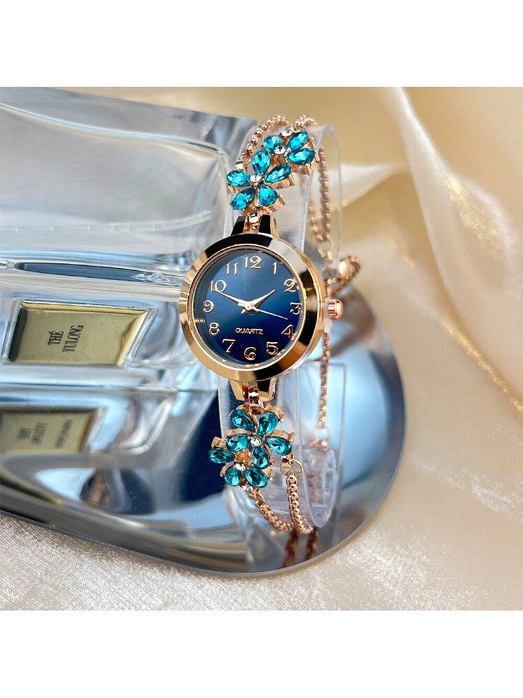 Women's Elegant Quartz Watch – Floral Crystal Bracelet with Green Dial & Gold Accents
