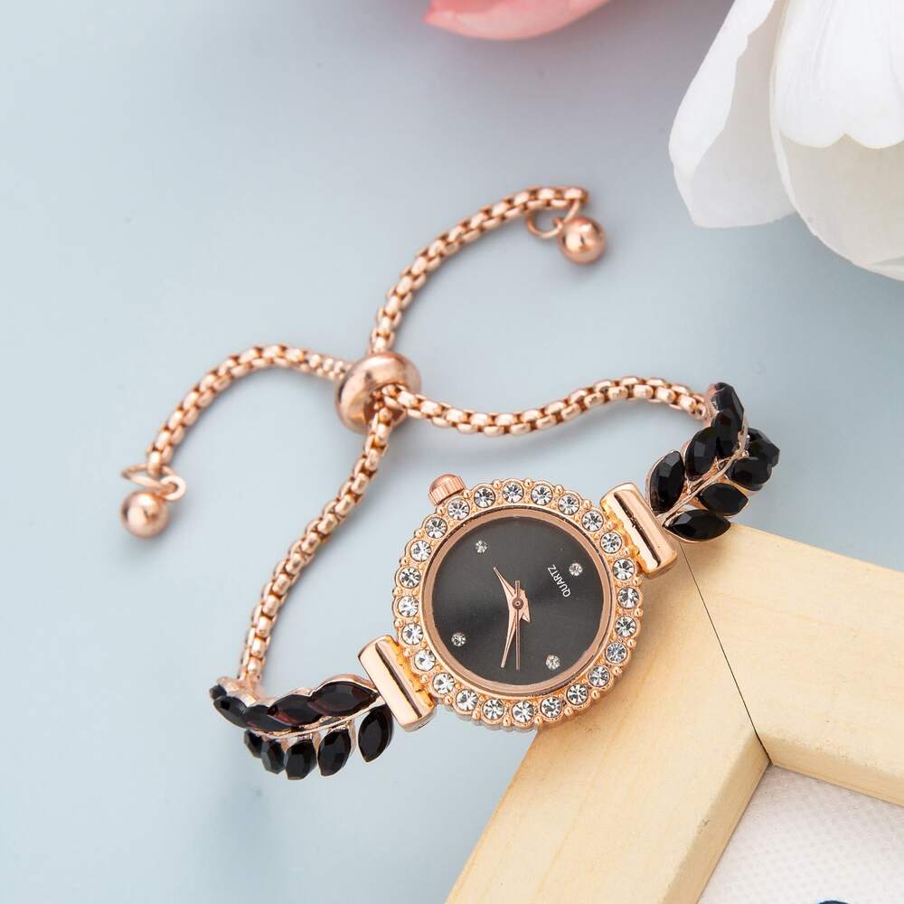 Women's Elegant Crystal Bracelet Watch – Round Dial, Leaf & Bead Strap Design