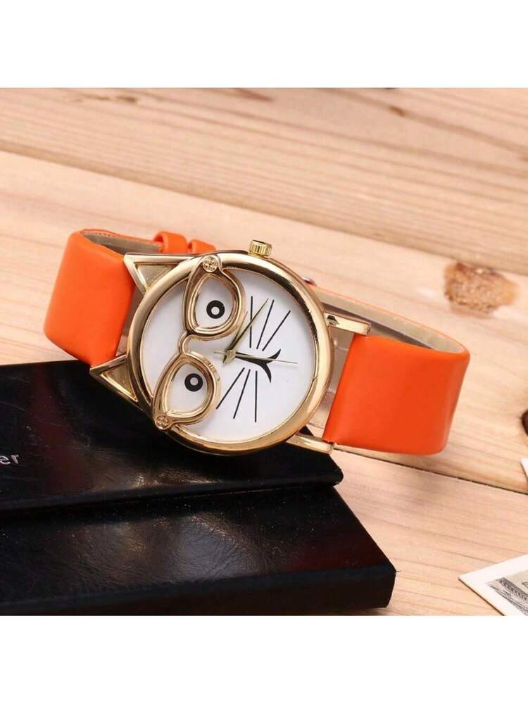 Cat Dial Gift Fashion With Glasses Strap Quartz Men's And Women's Watches (Large Dial)