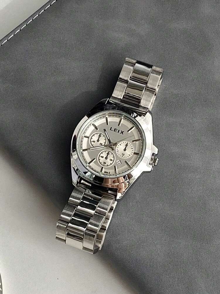 LEIX Men's Business Casual Quartz Watch – Stainless Steel Strap, Black Dial, Calendar Display