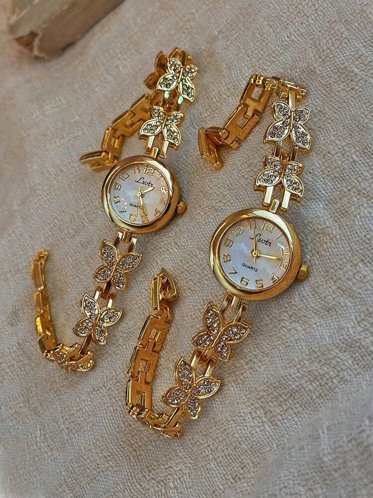 1 Piece French Gold Inlaid Dazzling Rhinestone Butterfly Shape Women's Watch